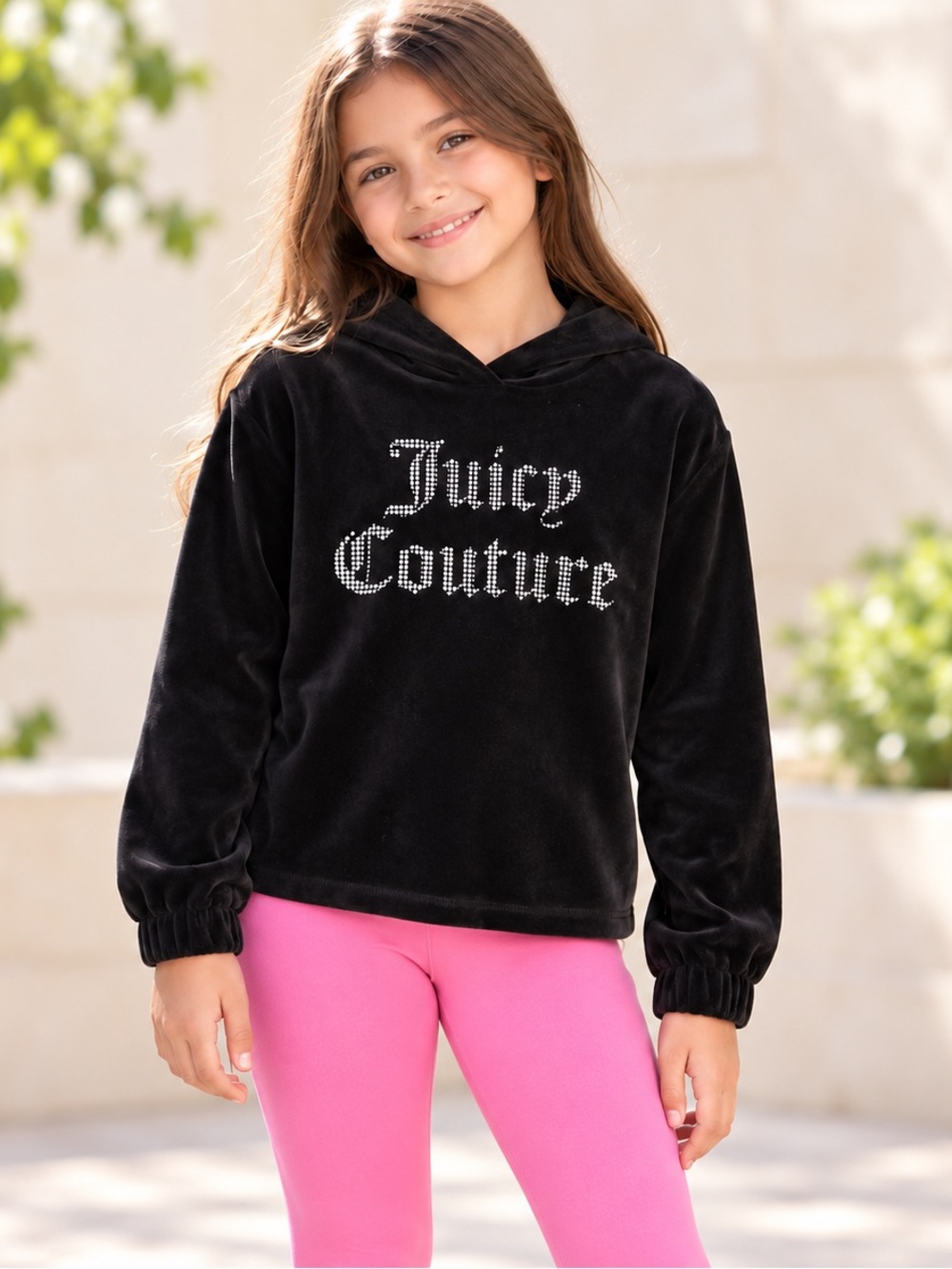 Juicy Couture Girls Black Velour Logo Appliqué Hoodie M 8–10